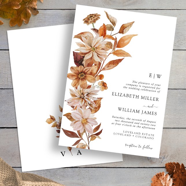 Invitación de boda floral de otoño moderna (Modern Fall Floral Wedding Invitation Monogrammed by Painted Paperie
)