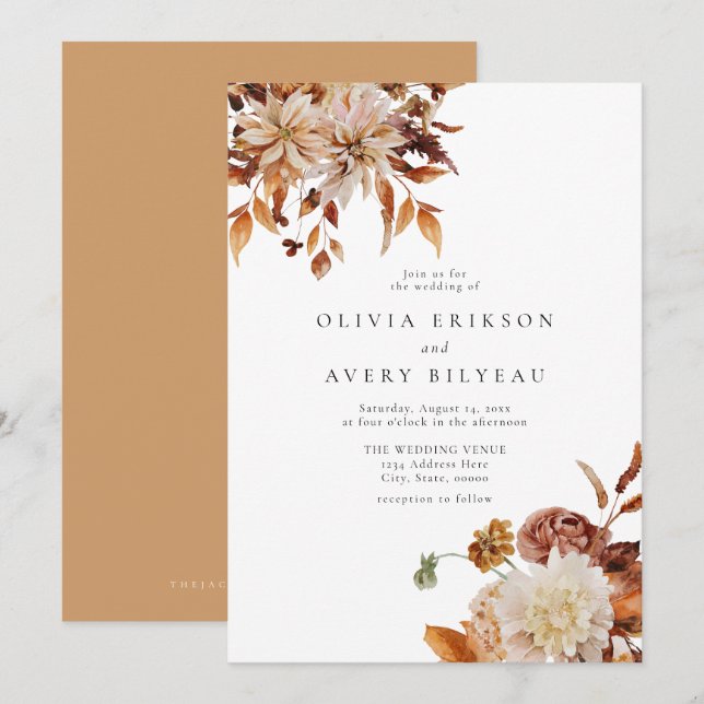 Invitación de Boda floral de otoño, Naranja Quemad (Anverso / Reverso)