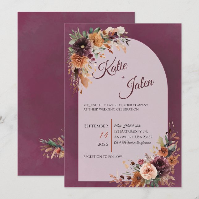 Invitación de boda floral de otoño temperamental  (Anverso / Reverso)