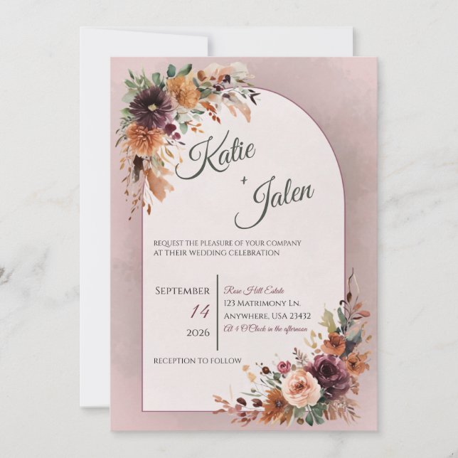 Invitación de boda floral de otoño temperamental (Anverso)
