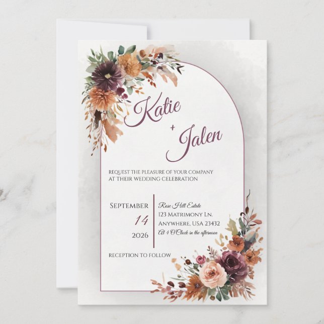 Invitación de boda floral de otoño temperamental (Anverso)