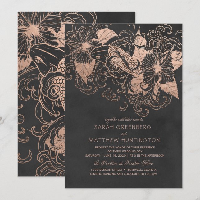 Invitación de boda floral de papel de oro rosa (Anverso / Reverso)