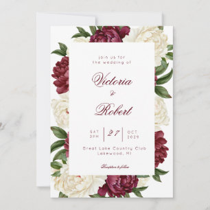 Invitación de boda floral de peonía de color burde