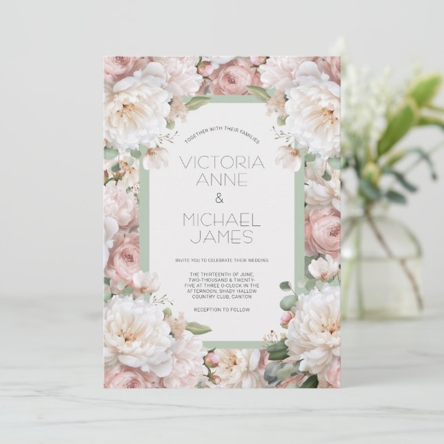 Invitación de boda floral de peonías rosadas (Anverso de pie)