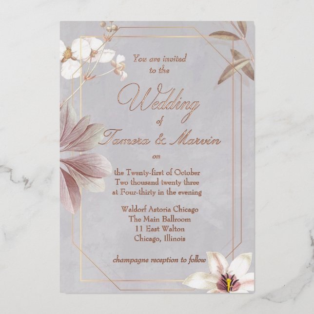 invitación de boda floral de Relieve metalizado re (Anverso)