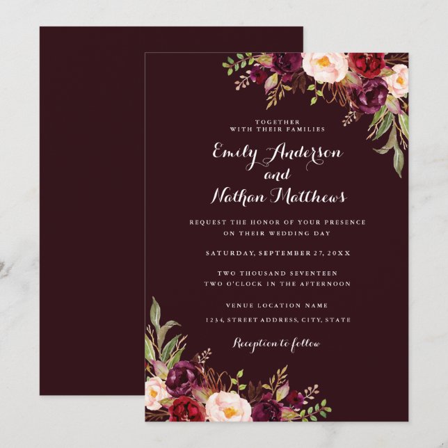 Invitación de boda floral de rojo borgoña profundo (Anverso / Reverso)