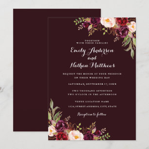 Invitación de boda floral de rojo borgoña profundo