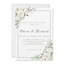 Invitación de boda floral de rosa blanca verde sal