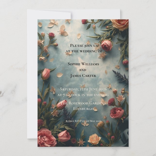 Invitación de boda floral de rosa de jardín Boho | (Anverso)