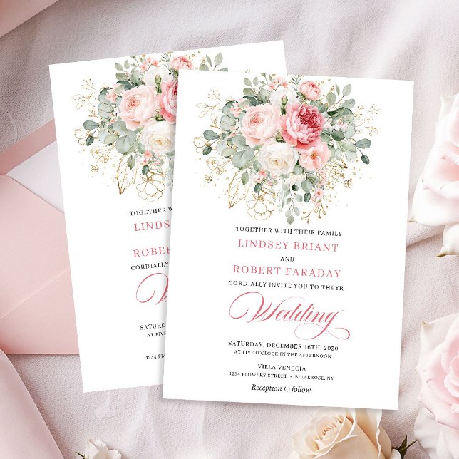 Invitación de boda floral de rosa dorada con rubor (Trendy Blush Rose Gold Floral Wedding Invitation)