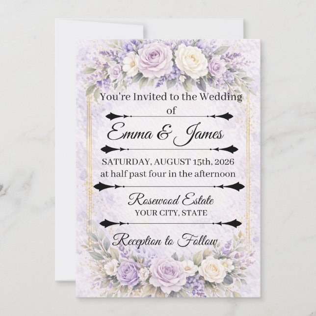 invitación de boda floral de rosa lavanda (Anverso)