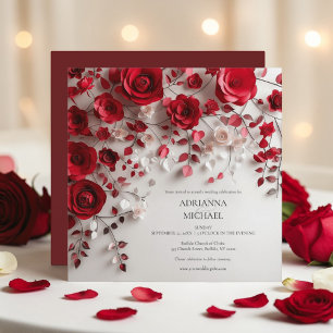 Invitación de boda floral de rosa roja elegante