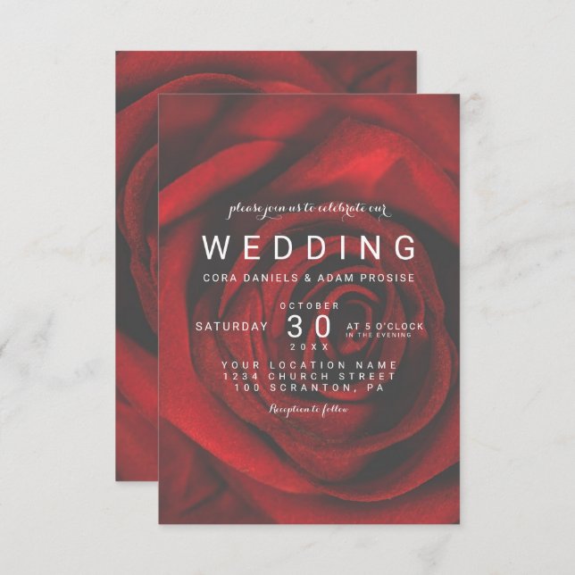 Invitación de boda floral de rosa roja elegante (Anverso / Reverso)