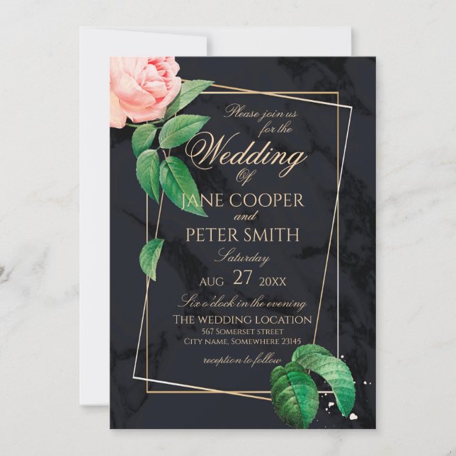 Invitación de boda floral de rosa rosa y marco de  (Anverso)