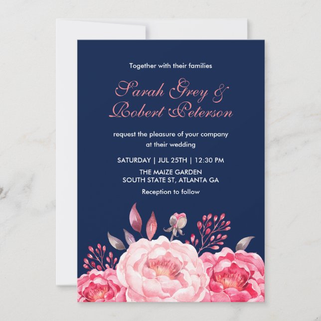 Invitación de boda floral de rosas a rayas azul ma (Anverso)