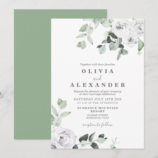 Invitación de boda floral de rosas blancas y folla (Anverso / Reverso)