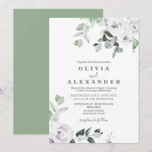 Invitación de boda floral de rosas blancas y folla