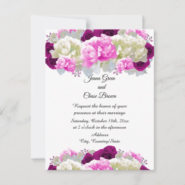 Invitación de boda floral de rosas y peonías rosad (Anverso)