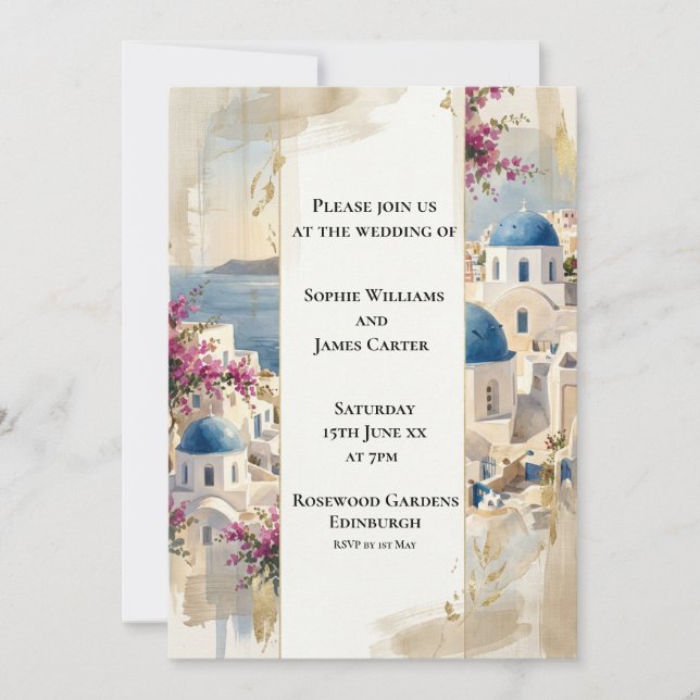Invitación de boda floral de Santorini rosa (Anverso)
