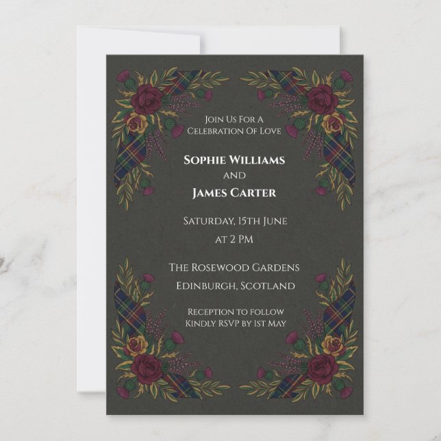 Invitación de boda floral de tartán oscuro (Anverso)