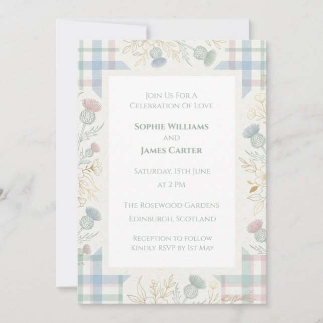 Invitación de boda floral de tartán pastel (Anverso)