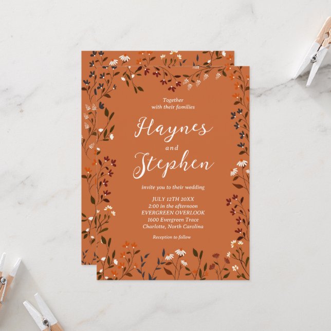 Invitación de boda floral de terracota rústica (Anverso/Reverso In Situ)