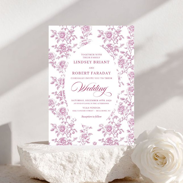 Invitación de boda floral de toile de oro rosa rom (Romantic Rose Gold Floral Toile Wedding Invitation)