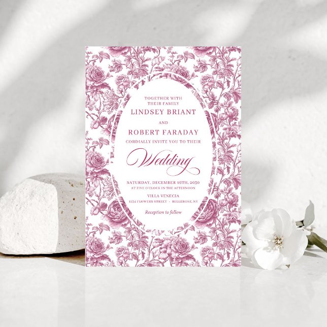 Invitación de boda floral de toile de rosa rosada  (Classic Blush Rose Toile Floral Wedding Invitation)