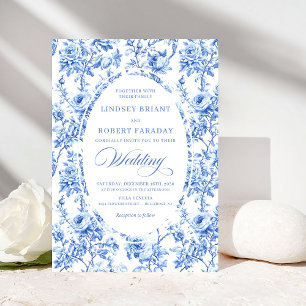 Invitación de boda floral de toile rosa azul marin