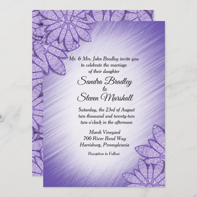 Invitación de boda floral de tono ultravioleta (Anverso / Reverso)