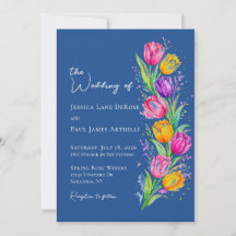 Invitación de boda floral de tulipán acuarela azul