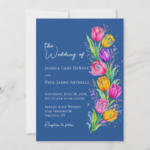 Invitación de boda floral de tulipán acuarela azul
