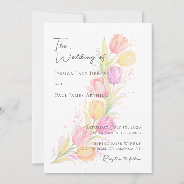 Invitación de boda floral de tulipán con acuarela (Anverso)