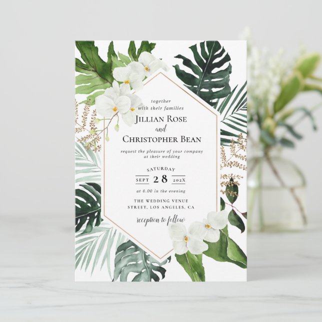 invitación de boda floral de vegetación tropical (Anverso de pie)
