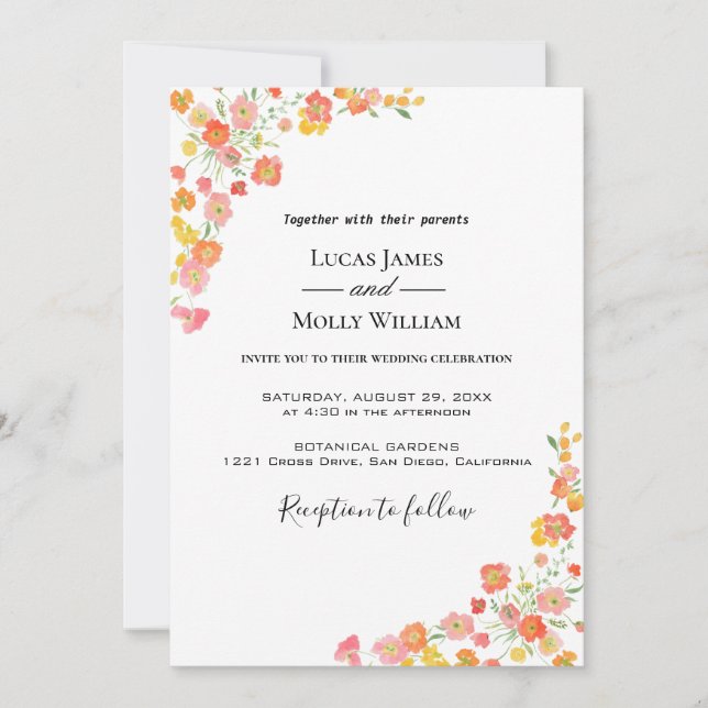 Invitación de boda floral de verano rosa y naranja (Anverso)