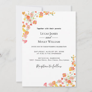Invitación de boda floral de verano rosa y naranja