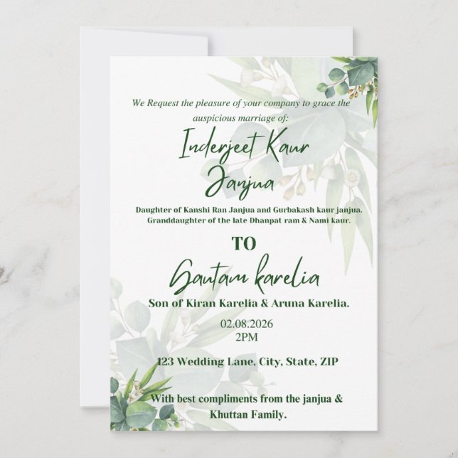 Invitación de Boda Floral de Verde Elegante (Anverso)