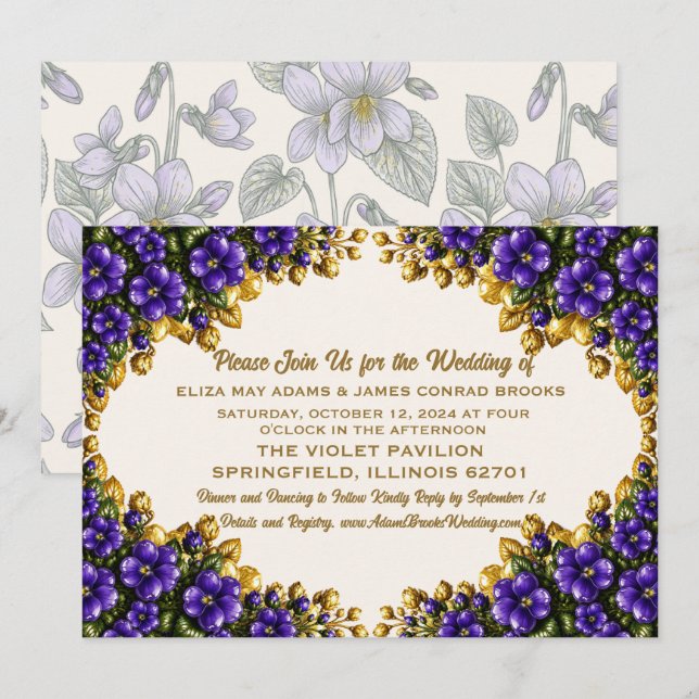 Invitación de boda floral de violeta azul de Illin (Anverso / Reverso)