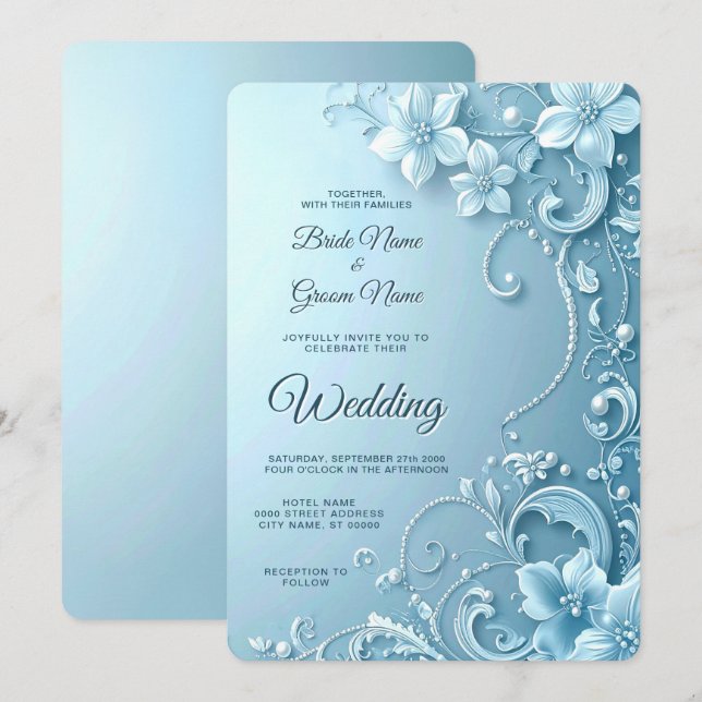 Invitación de boda floral decorativa azul (Anverso / Reverso)
