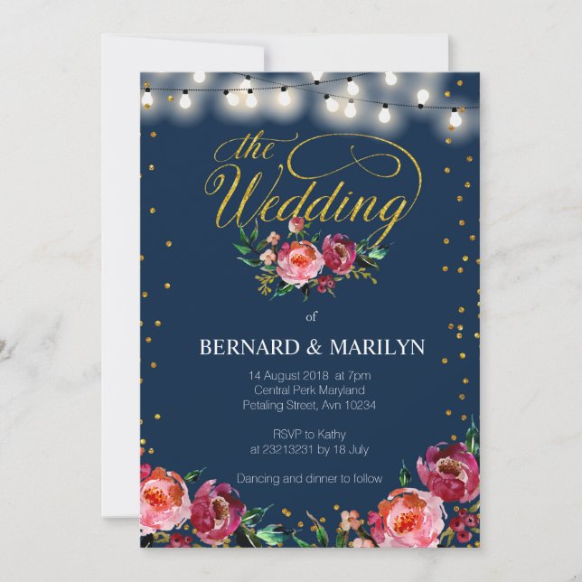 Invitación de boda floral del otoño de Borgoña (Anverso)