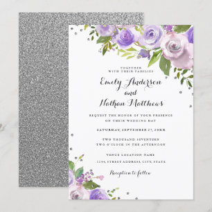 Invitación de boda floral destello plateado púrpur