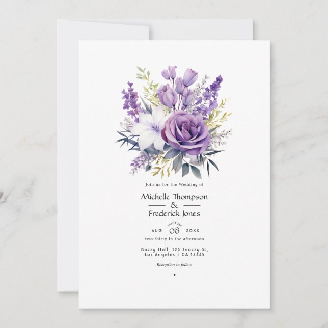 Invitación de boda floral digital lavanda (Anverso)