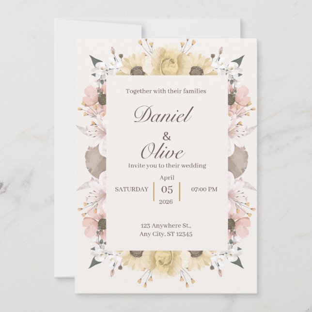 Invitación de boda floral diseño elegante (Anverso)