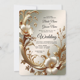 Invitación de boda floral dorada
