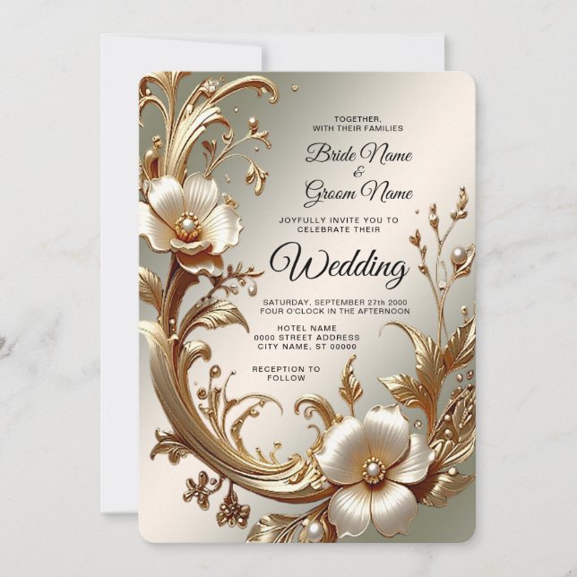 Invitación de boda floral dorada (Anverso)