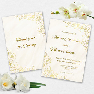 Invitación de boda floral dorada