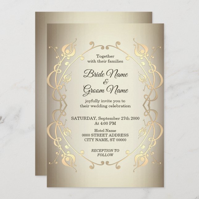 Invitación de boda floral dorada beige elegante (Anverso / Reverso)
