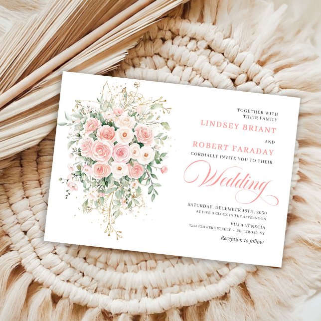 Invitación de boda floral dorada Bohemian Blush (Bohemian Blush Floral Gold Wedding Invitation)