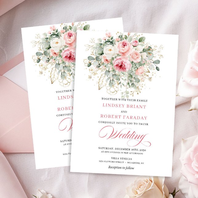 Invitación de boda floral dorada Chic Blush Peony (Chic Blush Peony Gold Floral Wedding Invitation)