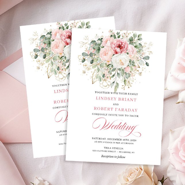 Invitación de boda floral dorada con rosa opulenta (Opulent Blush Floral Gold Wedding Invitation)